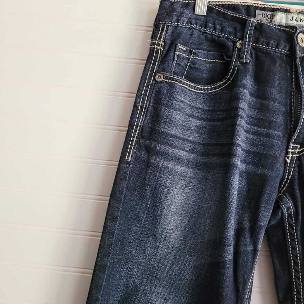 BKE Mens Jeans Size 29R Jake Dark Wash Straight Distressing Heavy Stitching - Picture 4 of 12
